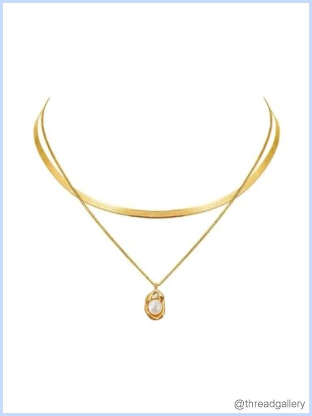 Double Layer Snake Chain Necklace with Pearl Pendant 18in Gold Plated